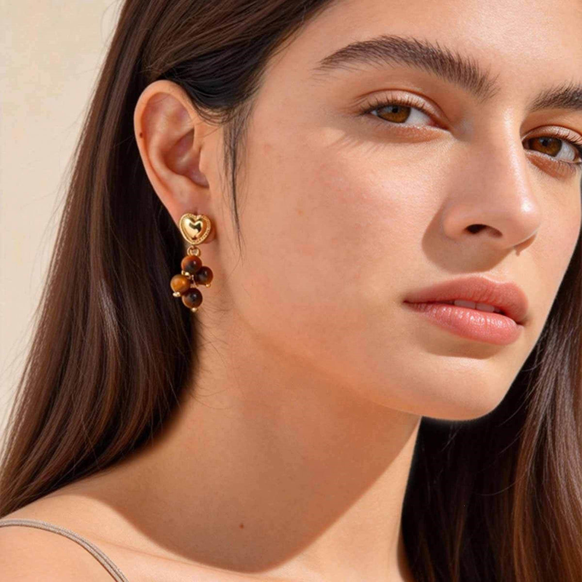 Stainless Steel Tiger's Eye Heart Earrings