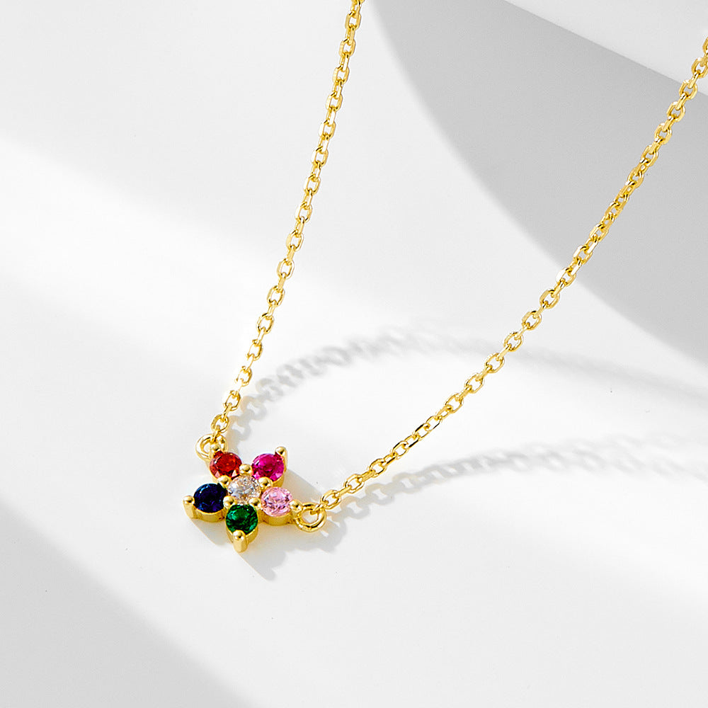 S925 Sterling Silver Colored Zircon Flower Pendant Necklace And Cute Necklace