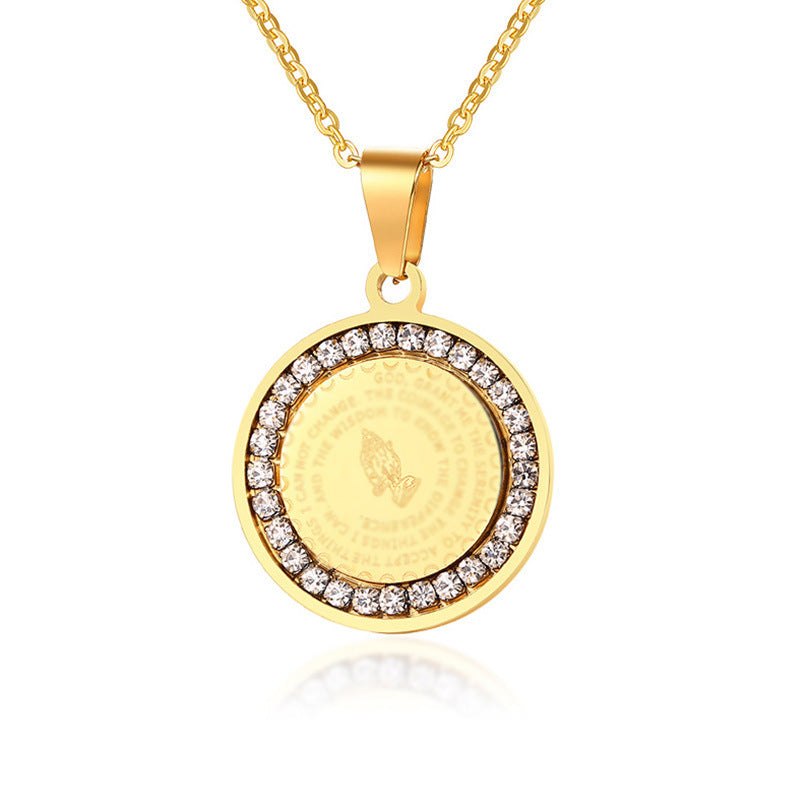 Stainless Steel Round Brand Pendant Necklace With Zircon