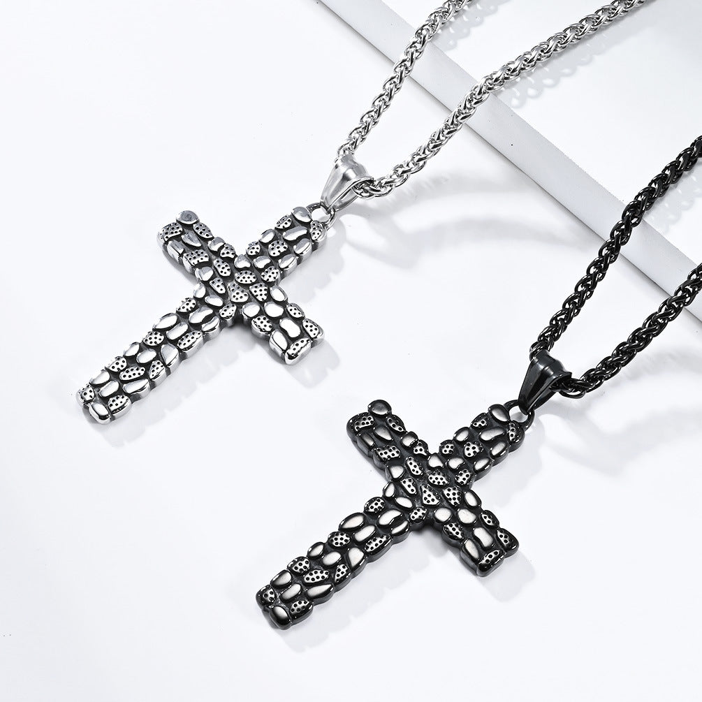 Cross-Border European And American Retro Pebble Titanium Steel Cross Necklace For Men