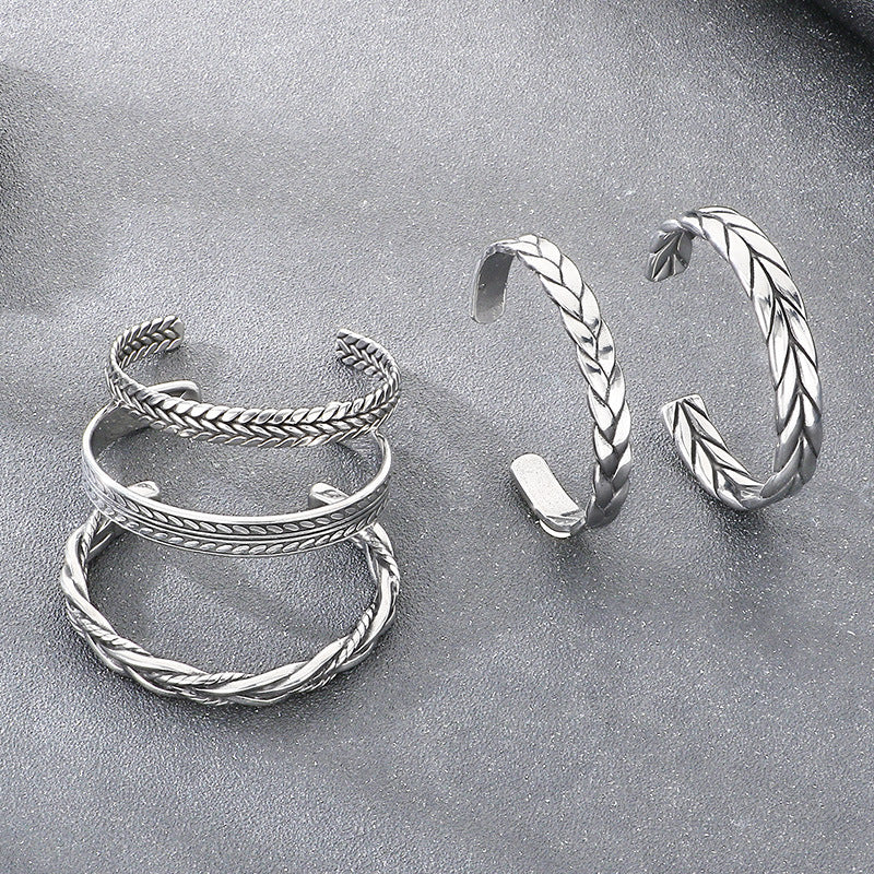 Antique Leaf Pattern C-Shaped Bracelet – Punk Style Leaf Pattern Twist Woven Stainless Steel