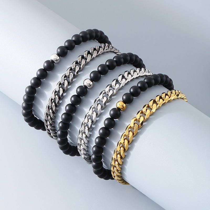 Planderful Mens Beaded Bracelet Black Agate Double Layer