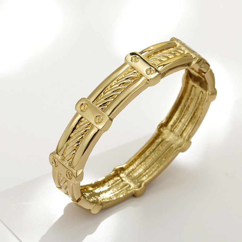 Vintage European Charm Wide Cuff Bangle - Bold Gold-plated Statement Bracelet with Zinc Alloy Craftsmanship