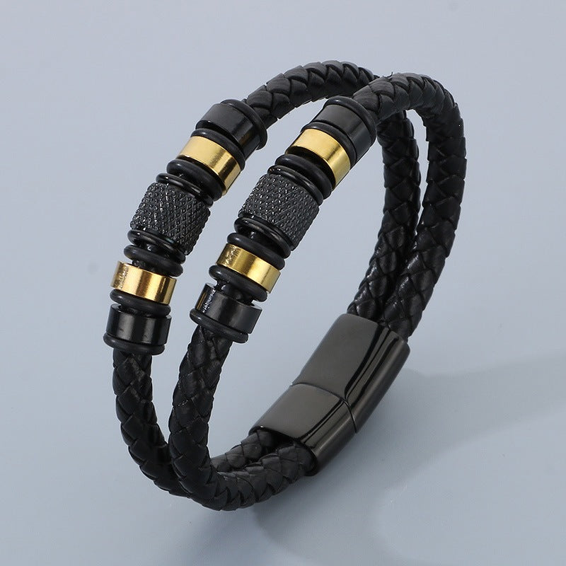 Business Style Double-Strand Woven Leather Rope Bracelet – Punk Stainless Steel Beaded