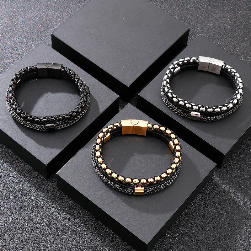 Planderful Mens Leather Rope Bracelet Magnet Buckle Classic