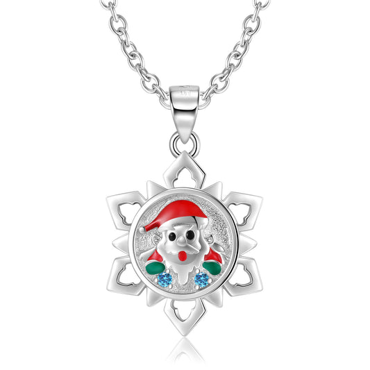 Christmas Santa Claus Snowflake Badge Silver Necklace