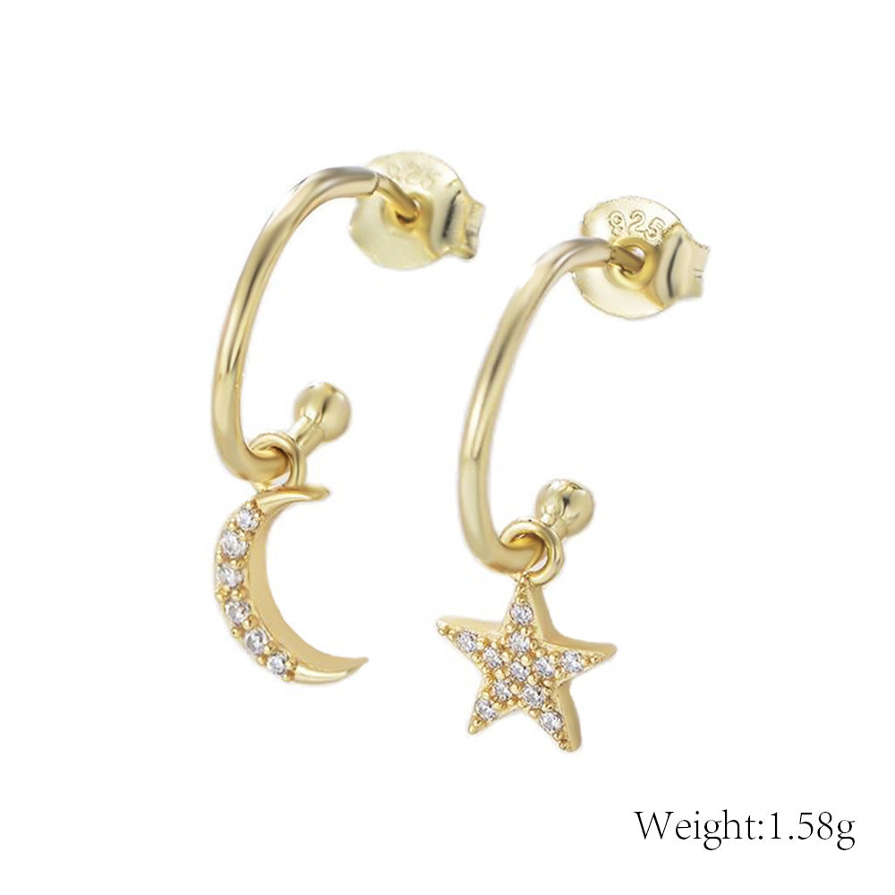 Moon And Stars Asymmetric Stud Earrings, Niche Design Zircon Sterling Silver Earrings