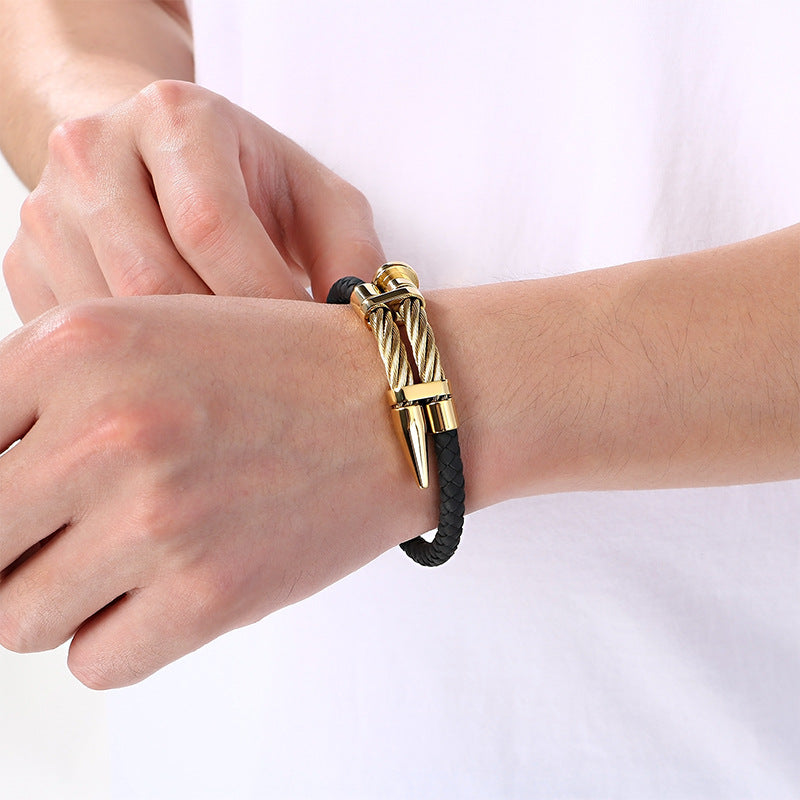 Steel Wire Nails Magnetic Buckle Bracelet – Punk Style Niche Dot Riveted Woven Leather