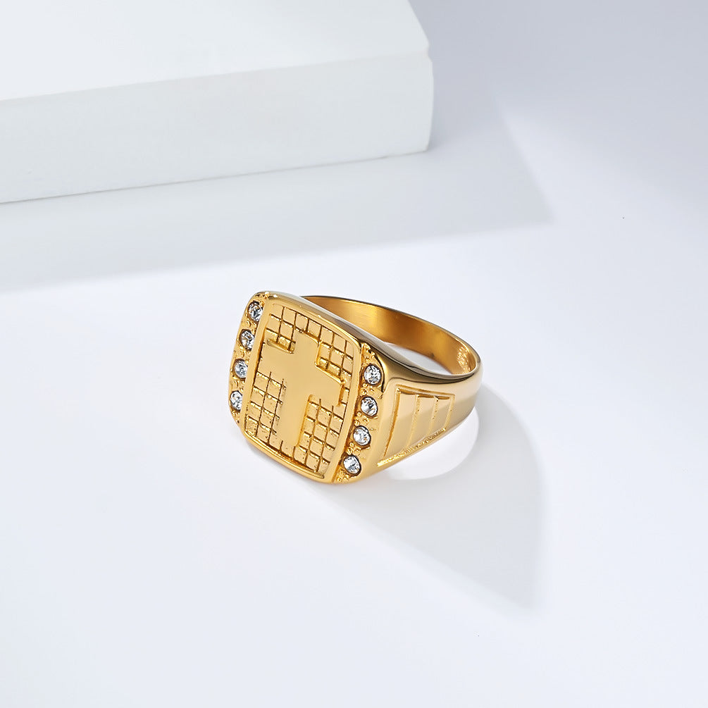 Planderful Cross Titanium Steel Ring For Men With Zircon Inlay Everyday Genie Luxury Jewelry
