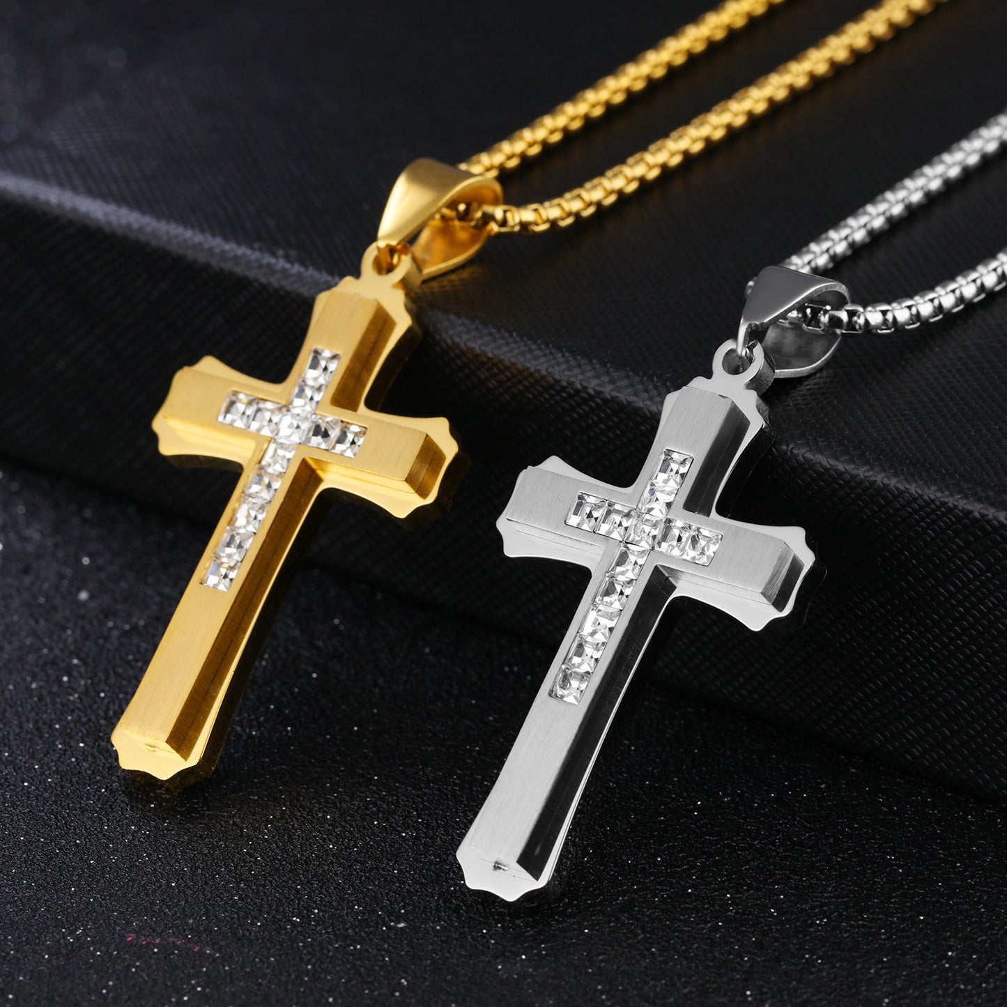 Planderful Titanium Steel Cross Pendant Necklace For Men, Double Layer 3D Punk Style