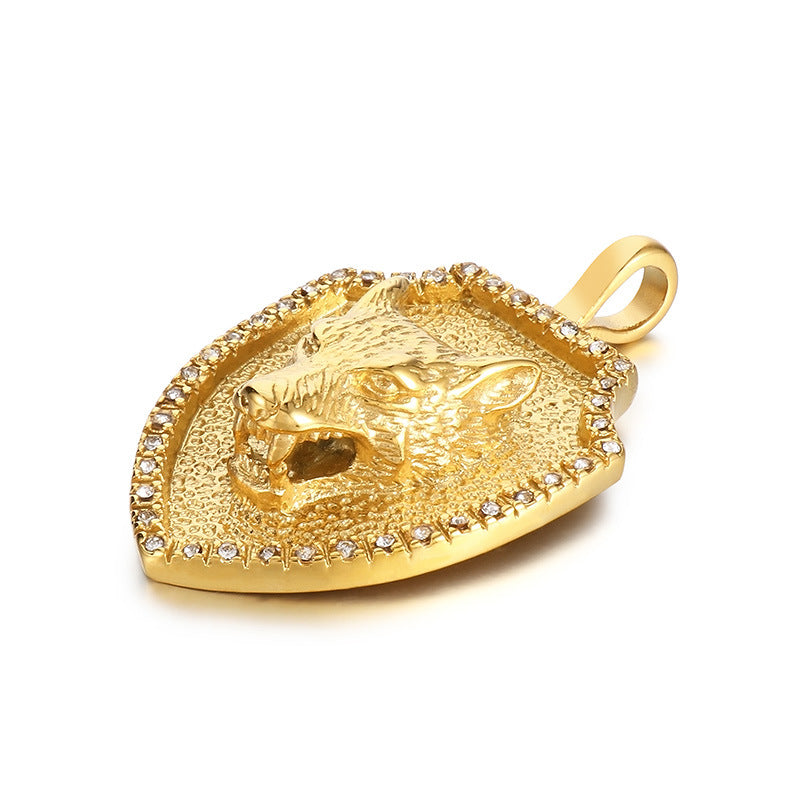 Retro Classic Hip-Hop Lion Head Shield Pendant with Zircon-Encrusted Wolf Head in Stainless Steel for Men