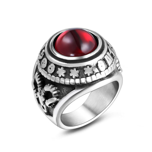 Retro Titanium Steel Ring For Men With Red Black Agate