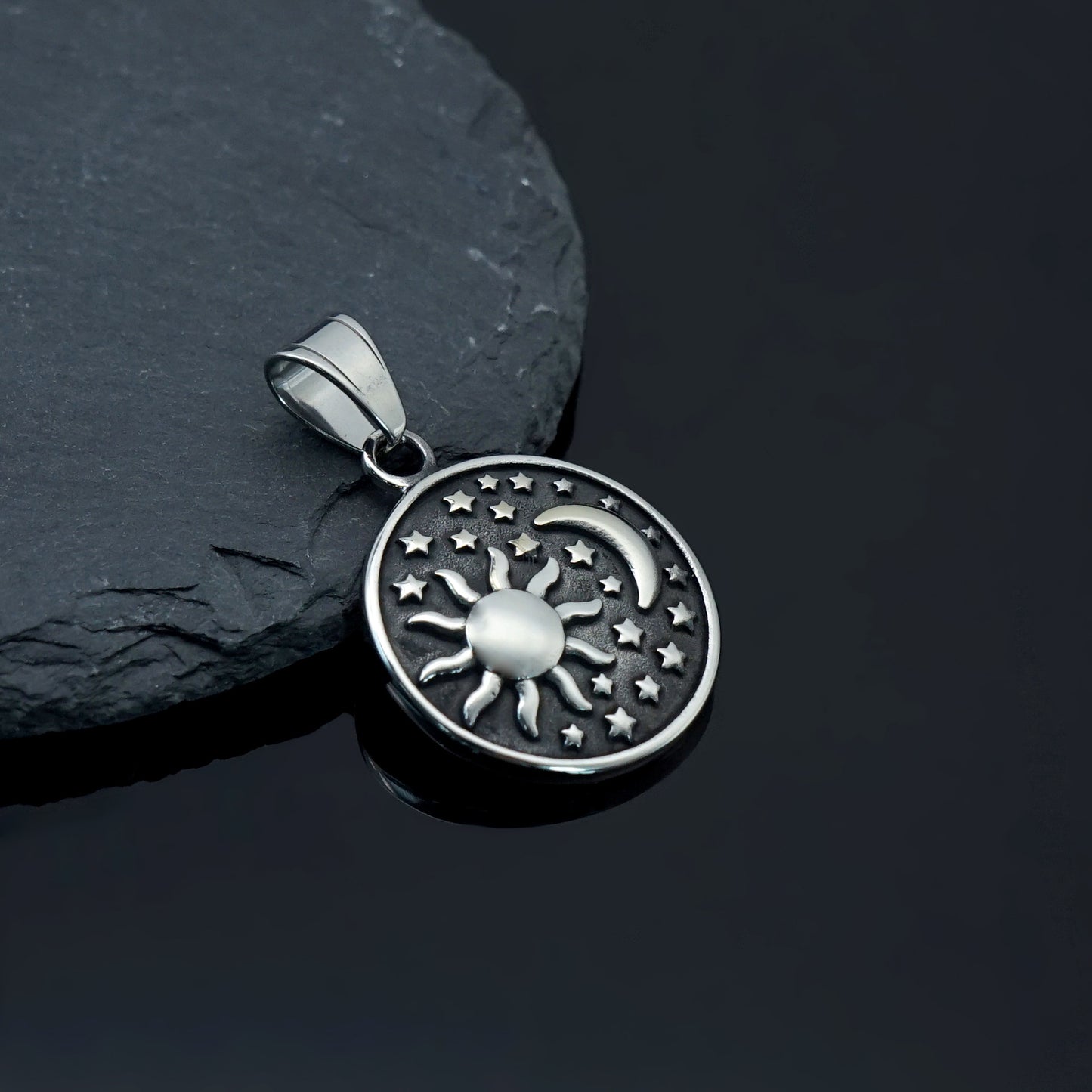 Steel Necklace – Vintage Sun Moon Stars Pendant For Everyday Style By Planderful Collection