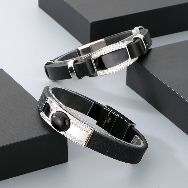 Planderful Leather Bracelet For Men Zircon Encrusted