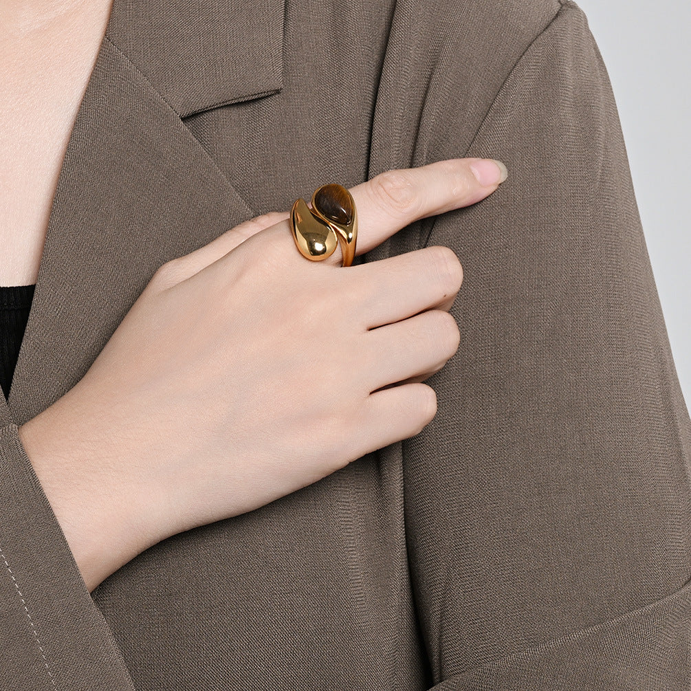 Imitation Pearl Ring For Women By Planderful Water Drop Design With Tiger Eye Stone Titanium Steel Gold Plated Jewelry