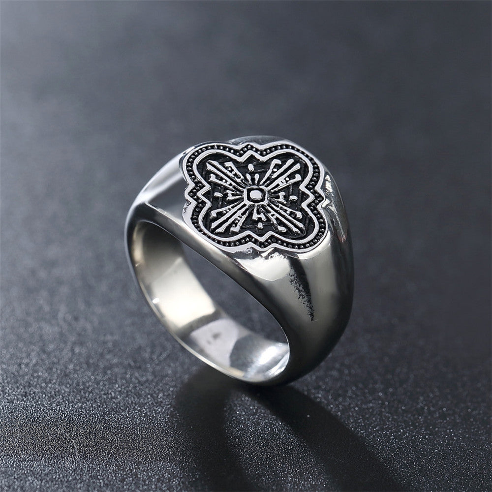Planderful Jewelry Mens Titanium Steel Cross Ring European American Retro Design Engraveable Band