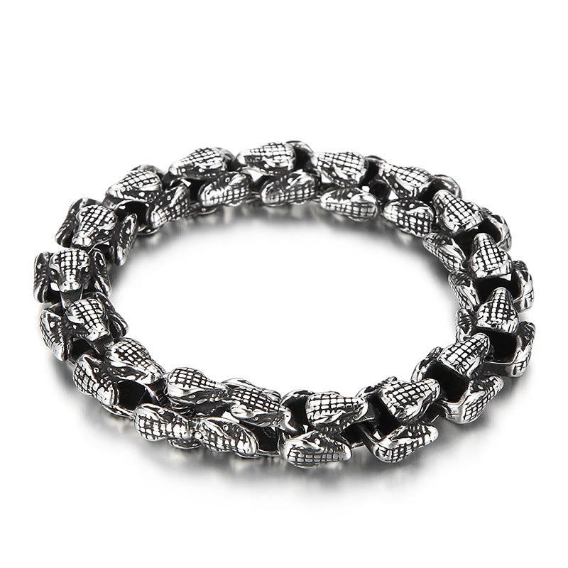 Animal Punk Style – Old Titanium Steel Men's Layered Snakehead Bracelet