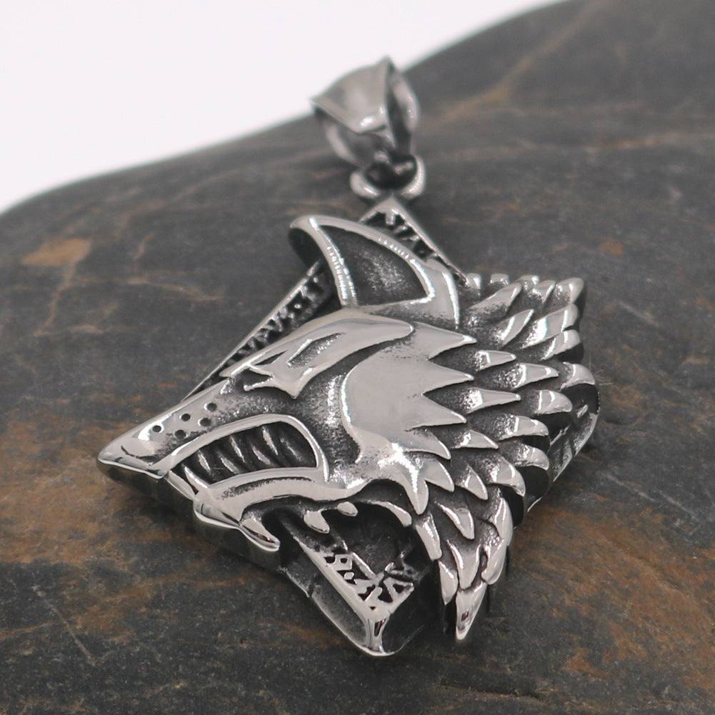 Viking Odin Wolf Head Stainless Steel Pendant Necklace with Titanium Steel Chain