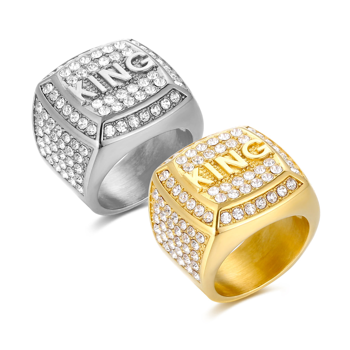 Planderful Hip Hop Ring King Unisex Stainless Steel Gold Plated Zircon Jewelry Protection Statement
