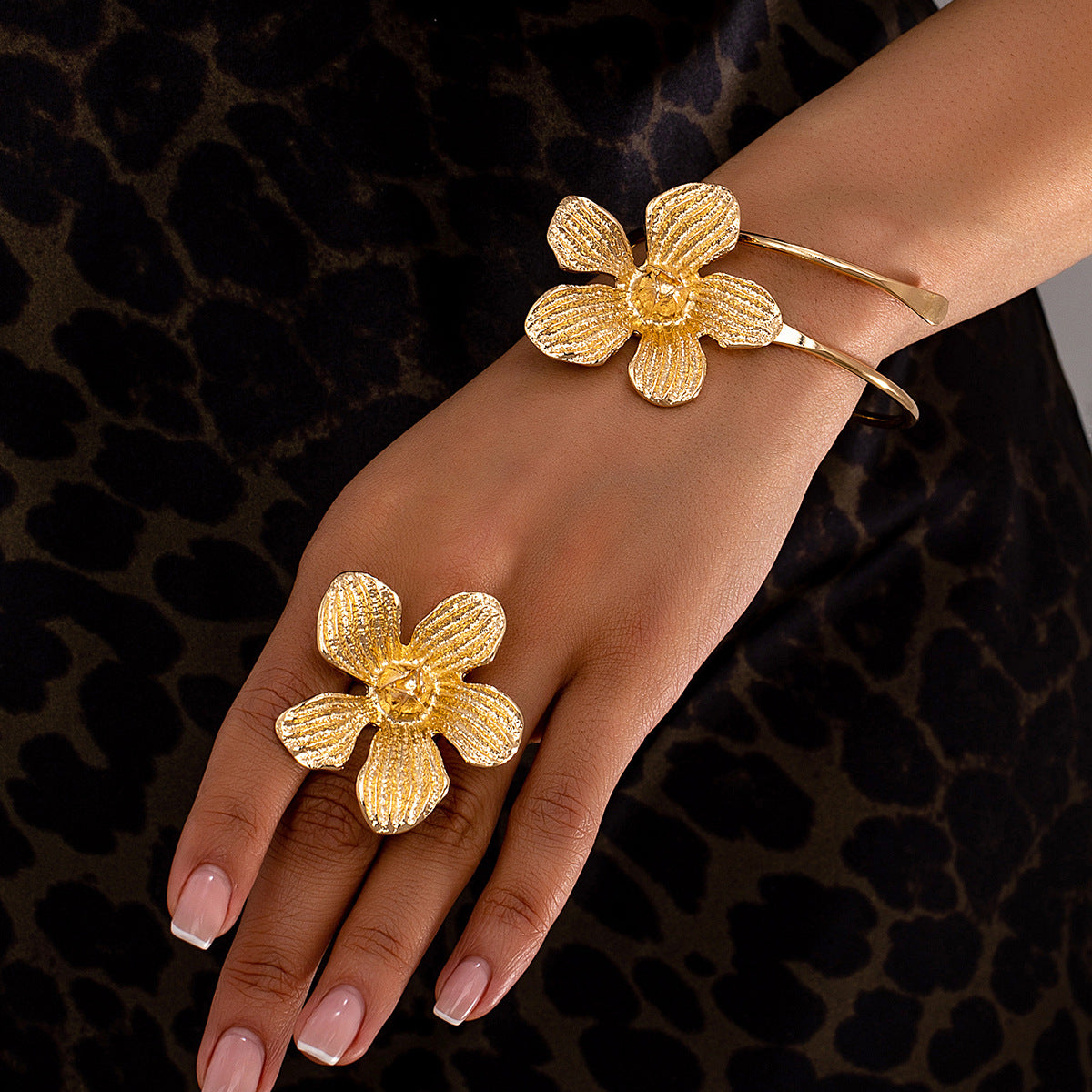 Metal Stud Flower Bracelet and Ring Set for Women by Planderful