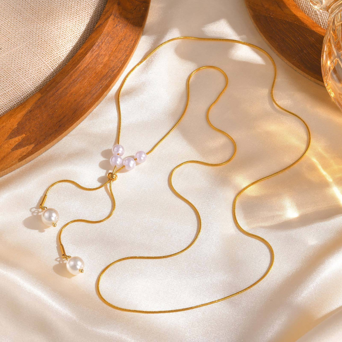 Stainless Steel Round Snake Chain Imitation Pearl Y-Shaped Adjustable Gold Necklace