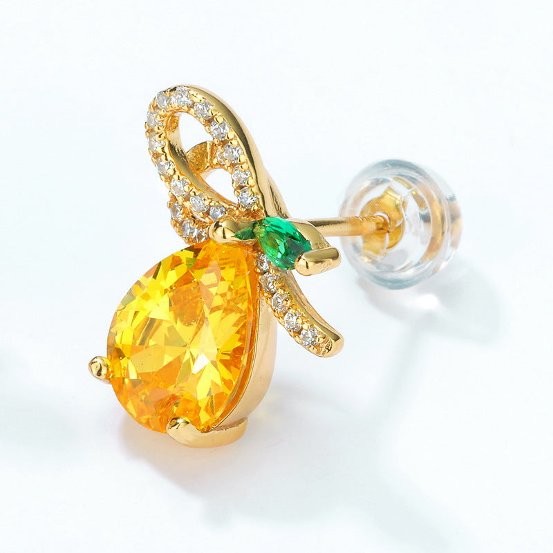 Pear Shape Yellow Crystal Fruit Pear Sterling Silver Stud Earrings