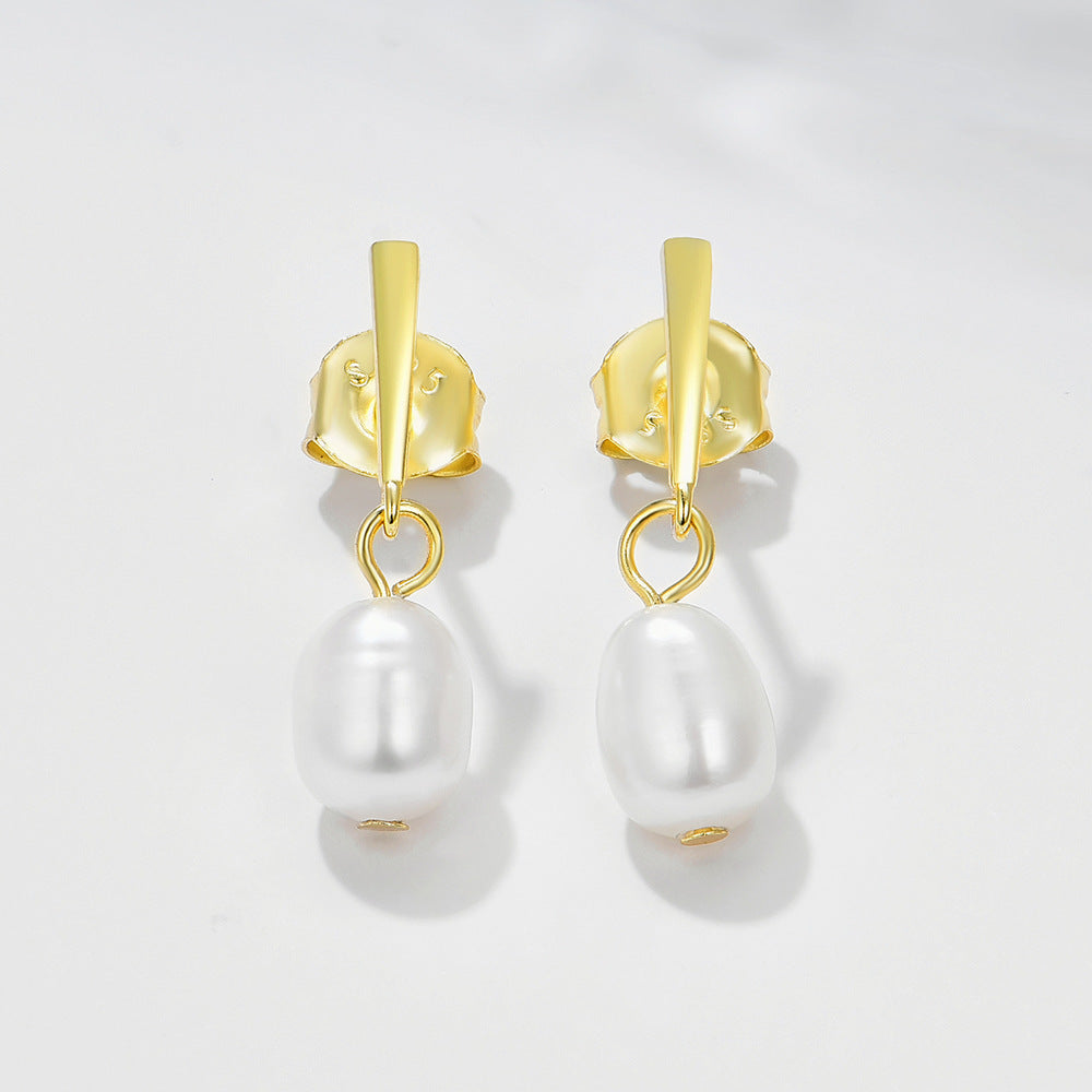 S925 Sterling Silver Freshwater Pearl Stud Earrings Femininity Cold Wind Geometric Pearl Earrings