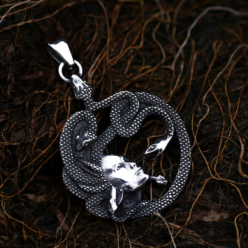 Nordic Stainless Steel Snake Pendant – Titanium Steel Coiled Snake Medusa Pendant Necklace