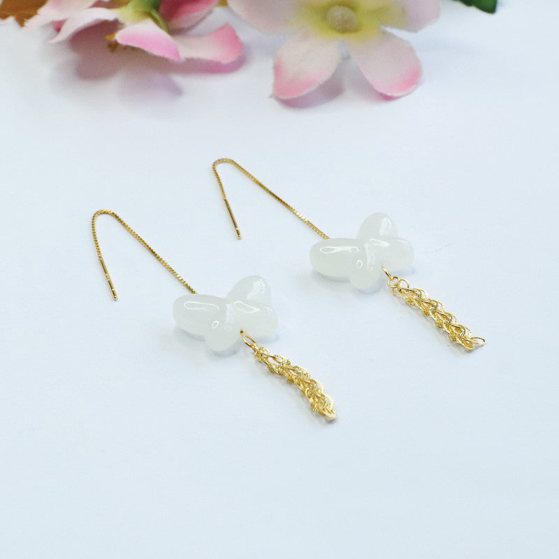 Silver Butterfly and Phoenix Tail Jade Thread Earrings
