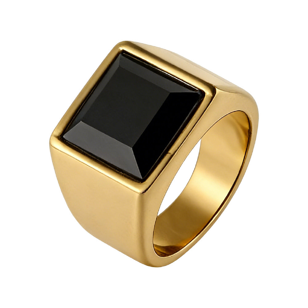 Planderful Titanium Steel Ring For Men Unisex Square Black Glass Modern Statement Jewelry