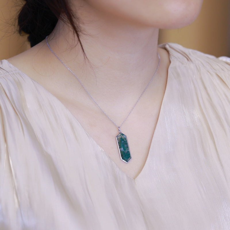 S925 Sterling Silver Moss Agate Geometric Pendant Necklace