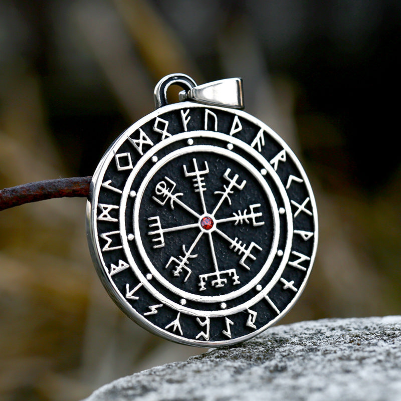 Nordic Viking-Inspired Titanium Steel Pendant with Inlaid Stone for Men - Wholesale Compass Design