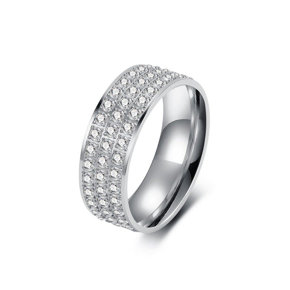 Neutral Style Stainless Steel Three Rows Pavé Zircon Ring Unisex