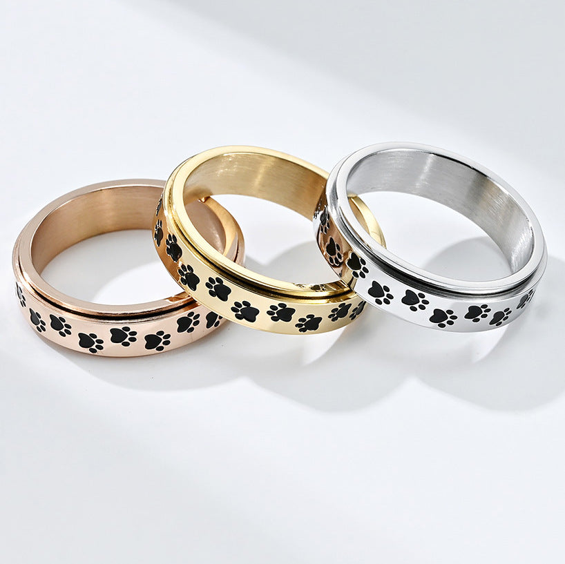 Steel Ring – Dainty Rotatable Puppy Palm Print INS Style