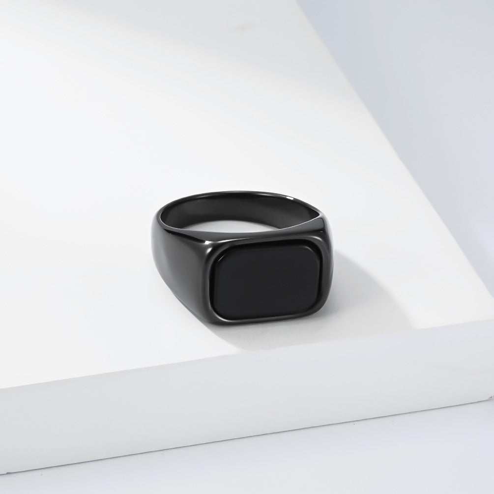 Minimalist Square Black Gemstone Stainless Steel Ring Men's