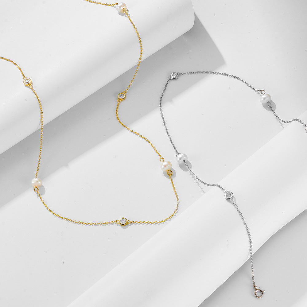 Sterling Silver Natural Freshwater Pearl Necklace Zircon