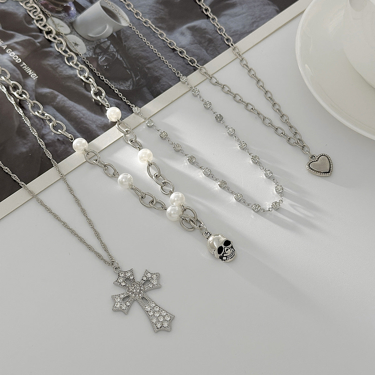 Crystal-Style Cross & Pearl Layered Necklace