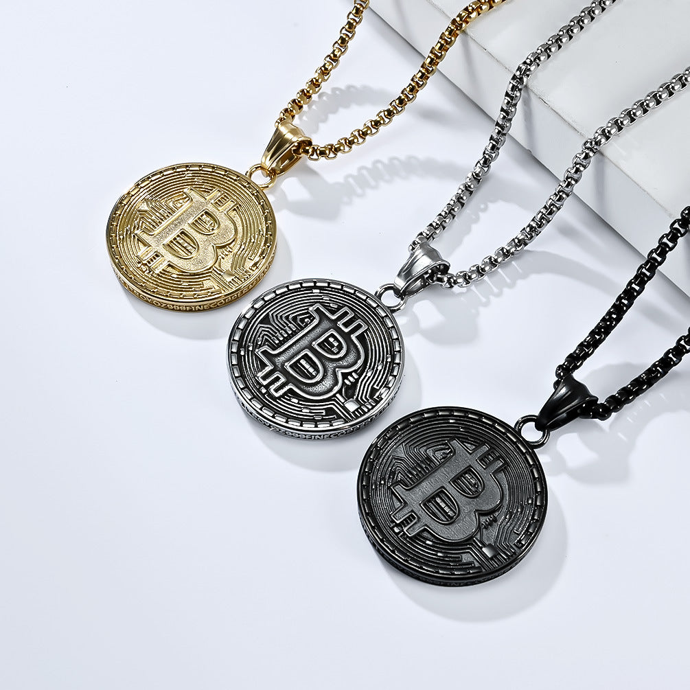 Planderful Bitcoin Pendant Necklace Titanium Steel Gold Plated For Crypto Fans And Hip Hop Fashion