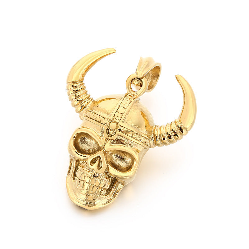 Enjoy The Punk Style Bull Head Pendant, Nordic Viking War Helmet Horn Skull Necklace