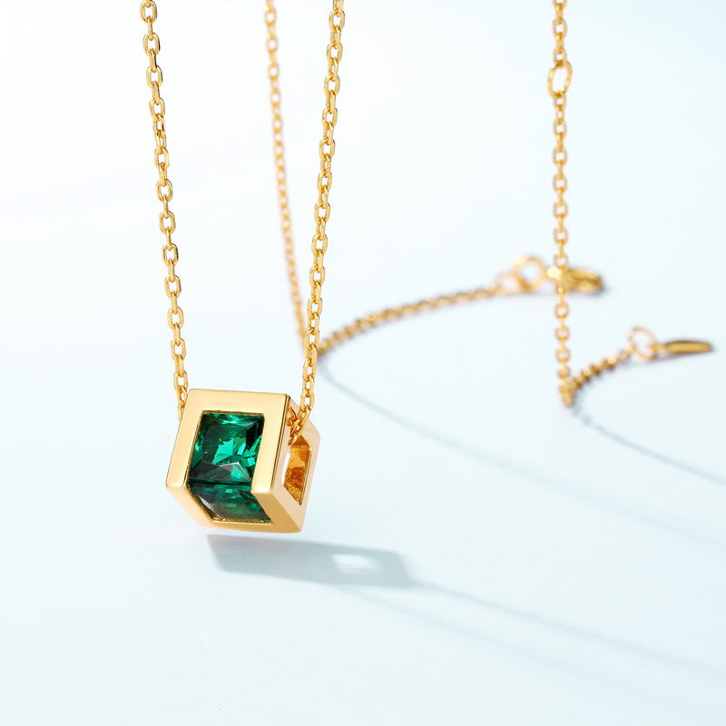 Green Zircon Hollow Cube Pendant Sterling Silver Necklace