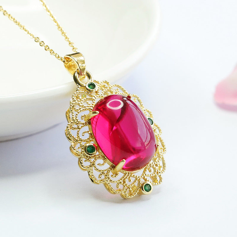 Lab-Grown Ruby Patterned Oval Pendant — No Chain