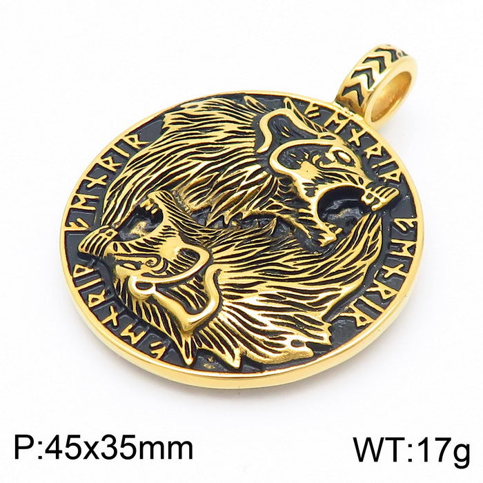 Retro Viking Wolf Head Pendant Necklace for Men in Stainless Steel and Titanium Gold