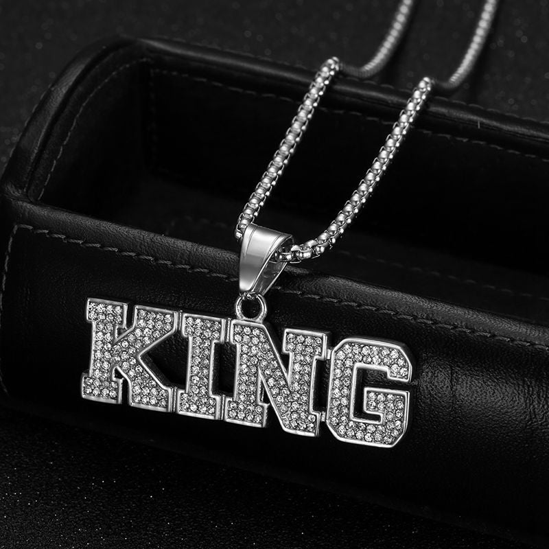 Planderful Hip Hop Jewelry King Pendant Necklace Gold Plated Zircon Titanium Steel For Urban Style Enthusiasts