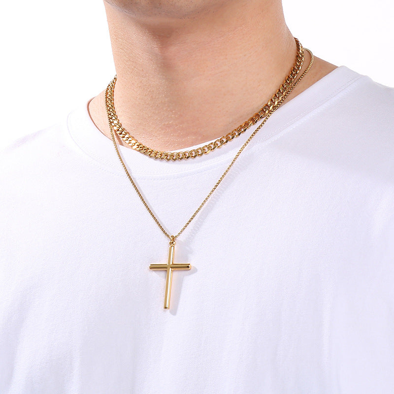 Glossy Cross Pendant Necklace, Six-Sided Grinding Square Pearl Chain Double-Layer Stacked Men's Necklace.