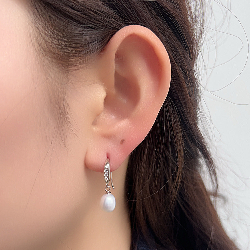 S925 Sterling Silver Freshwater Pearl Long Ear Hook Earrings Retro Earrings