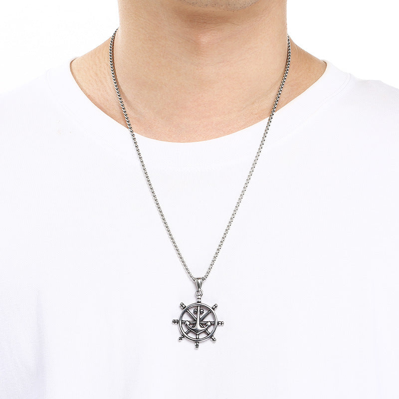 Dark Retro Nautical Rudder Pendant, Punk Retro Cross Skull Head Anchor Titanium Steel Necklace