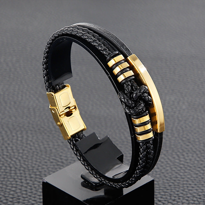 Planderful Handwoven Mens Leather Rope Bracelet Stainless