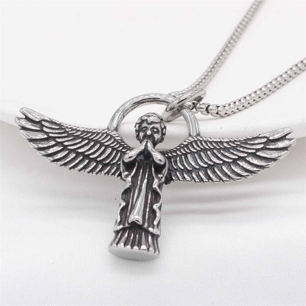 Planderful Everyday Genie – European and American Retro Angel Cupid Men’s Titanium Steel Pendant Necklace