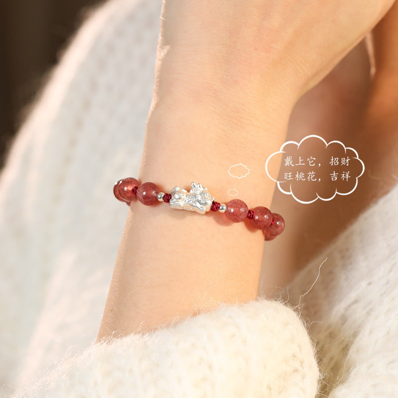 Strawberry Crystal Woven Rope Silver Bracelet with Pixiu Wealth Calling