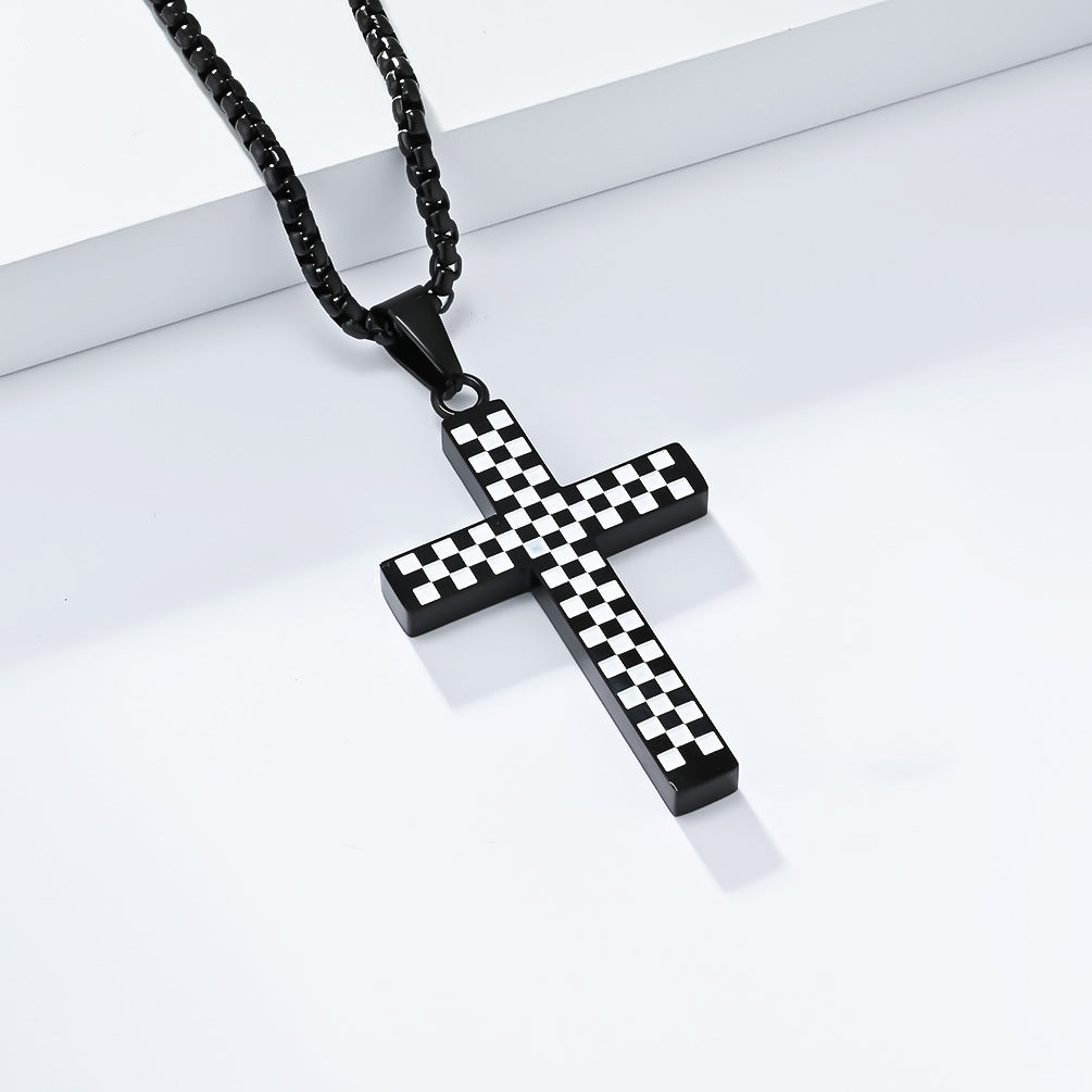Planderful Titanium Steel Cross Necklace For Men And Women With Black And White Grid Racing Flag Pendant